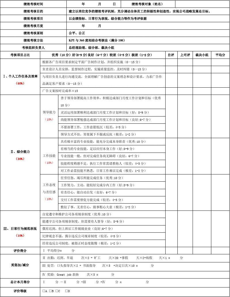 设计师绩效考核表 设计师绩效考核表怎么填